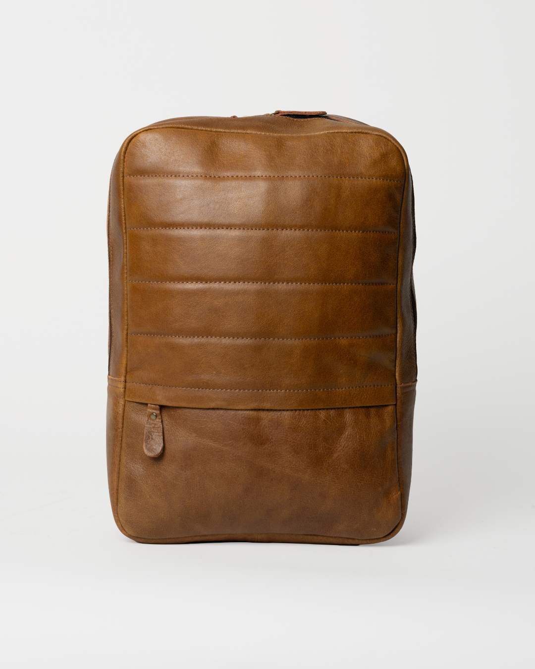 Front view of the Laylowe Lane tan leather backpack with stitched horizontal panels and a lower zip pocket.