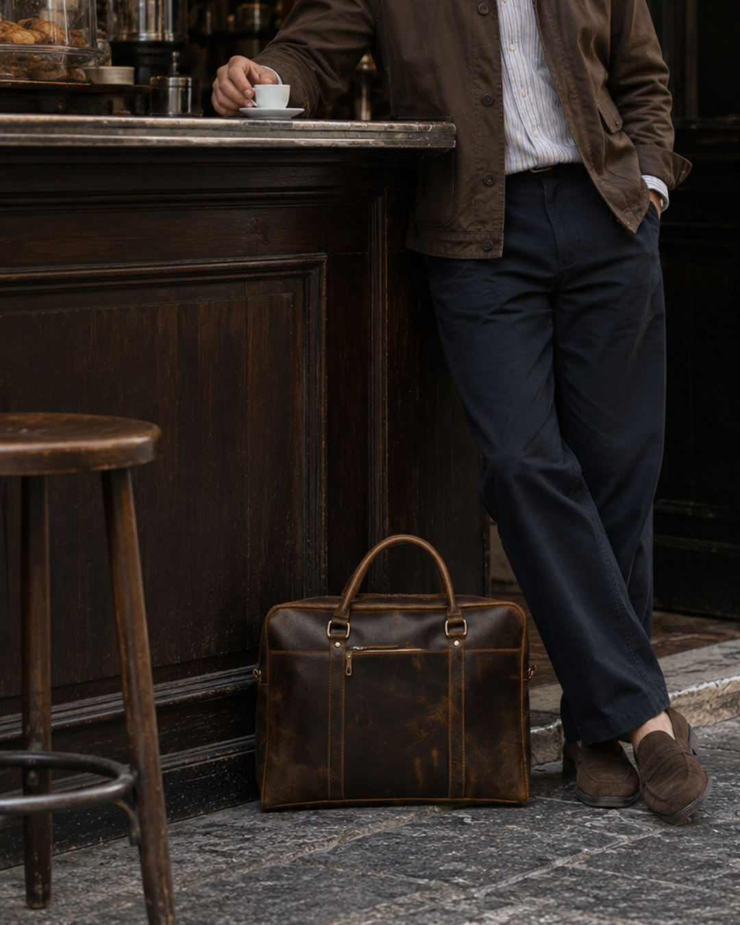 Laylowe Reid brown leather briefcase on a stone floor beside a man drinking espresso at a wooden cafe counter.