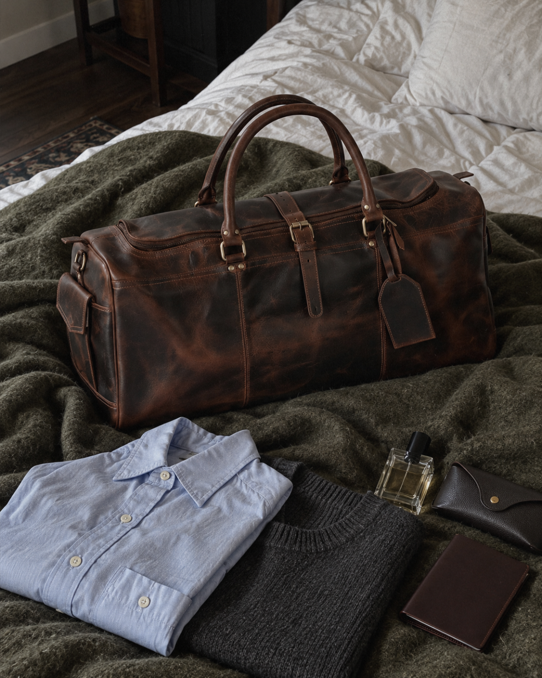 Laylowe Holden dark brown leather travel bag on a bed beside a folded shirt, knitwear and travel accessories.