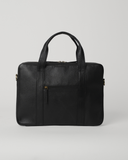 Front view of the Laylowe Nolan black leather laptop case with two carry handles and an exterior zip pocket.