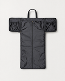 Laylowe Ellis charcoal leather garment duffle fully unfolded with a closed central zip and two gathered side pockets.