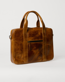 Laylowe Nolan light brown full-grain leather laptop case, angled view with two carry handles and an exterior zip pocket.