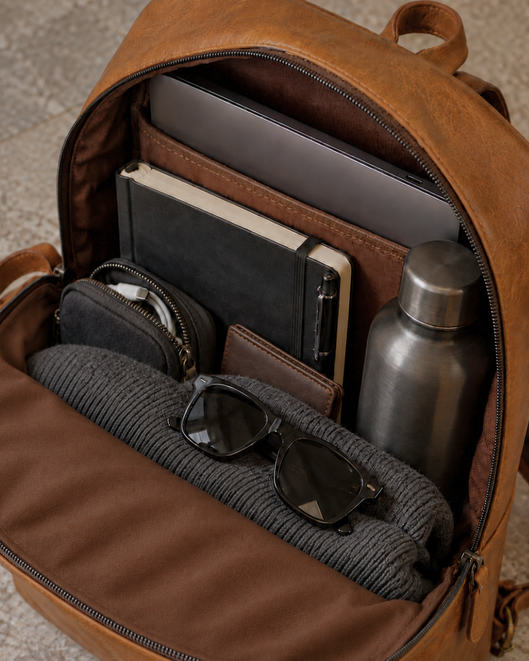 Open Laylowe Lane tan leather backpack packed with a laptop, black journal, pen, dark bottle, sunglasses and folded knitwear.