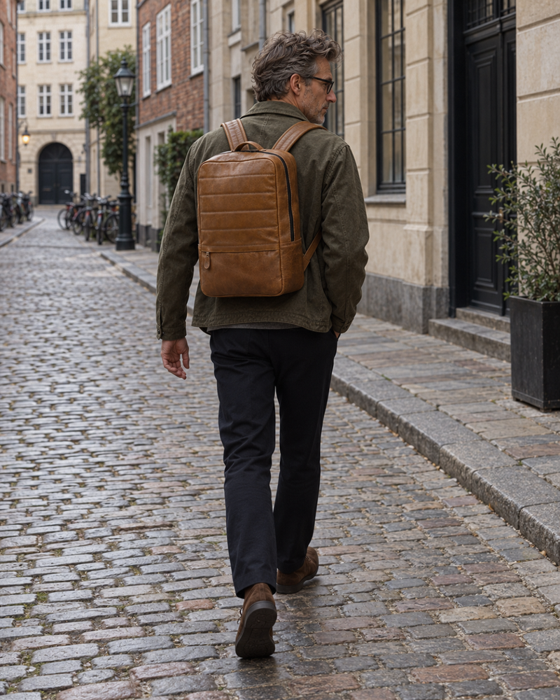 Man wearing the Laylowe Lane tan leather backpack while walking along a cobblestone street.