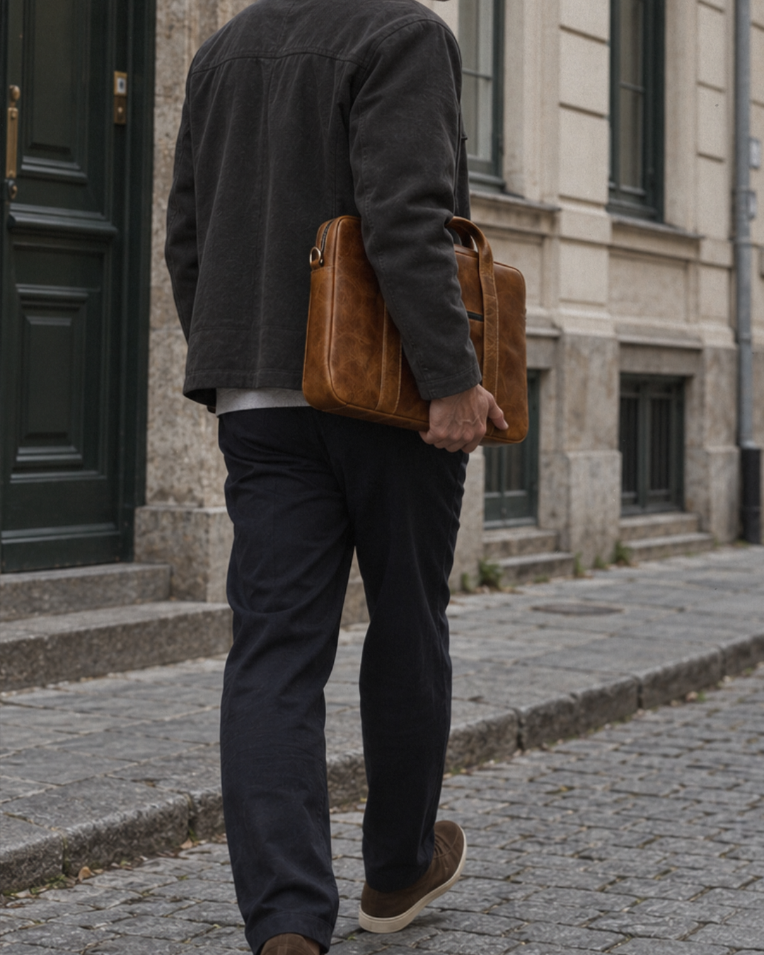 Man carrying the Laylowe Nolan light brown leather laptop case under his arm while walking along a cobblestone street.