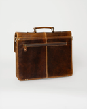 Back of the Laylowe Grant brown leather briefcase showing its horizontal zip pocket and top carry handle.
