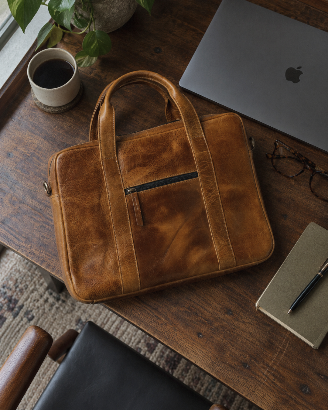 Laylowe Nolan light brown leather laptop case on a wooden desk beside a laptop, notebook, pen, glasses and coffee.