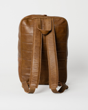 Rear view of the Laylowe Lane tan leather backpack showing two padded shoulder straps and the top grab handle.