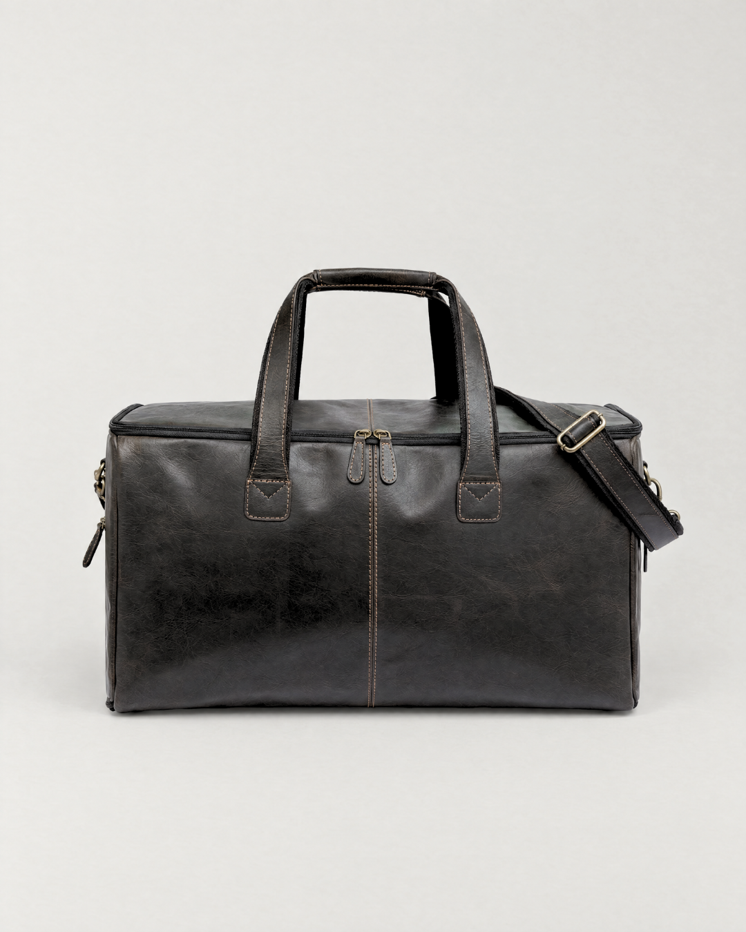 Front view of the Laylowe Ellis charcoal leather garment duffle showing twin handles and a double top zipper.