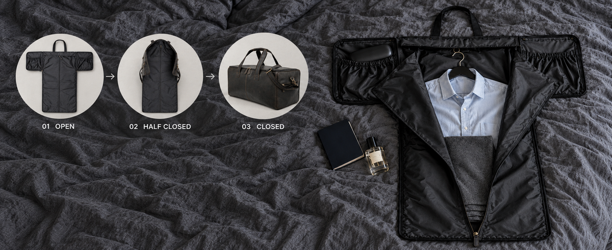 Ellis leather garment duffle shown in three packing stages